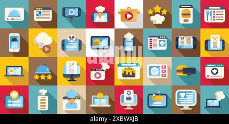 Kulinarik-Blogsymbole. Online-Kochkurs, Website für kulinarische Rezepte, Food-Blog und Video-Streaming-Service-Symbole mit Kochkursen, Essenslieferung, Online-Bestellung und Rezepten zum Kochen Stock Vektor