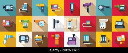 Spirometer-Symbole eingestellt. Sammlung von bunten Symbolen, die verschiedene medizinische Geräte für Diagnose und Behandlung darstellen, einschließlich Glucometer, Sphygmomanometer, Vernebler und Ultraschallscanner Stock Vektor