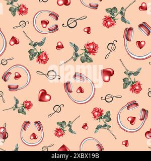 Musikalisches, romantisches, nahtloses Muster mit roten Kopfhörern, Herzen und Rosen. Die Aquarellabbildung wird von Hand erstellt. Auf rosafarbenem Hintergrund. Für tex Stockfoto