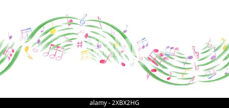 Schwebendes Schweben, bunte Musiknoten. Noten fliegen durch die Wellen der Musik. Nahtloses Banner mit Notizsymbolen. Aquarellabbildung Stockfoto