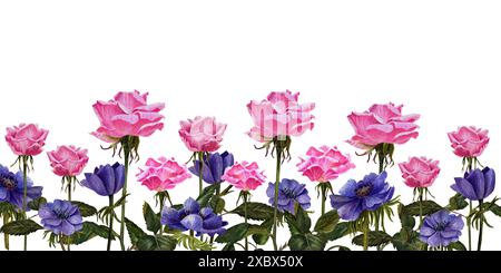 Schönes Banner mit rosa Rosen Ende Anemonen Blumen und Blätter Stockfoto