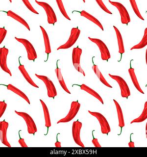 Rote, heiße Chili-Paprika. Nahtloses Muster für Ausdrucke auf Tapeten, Textilien, heimwerken, Scrapbooking für Verpackungen. Für Küche und Restaurant Dekor, Koch und Stockfoto