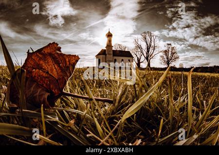 Kirche, Wiese, Herbst, Allerheiligen Tag, Blatt, Laub, Tapeten, Hintergrundbilder, Sonne, Wintersonne Stockfoto