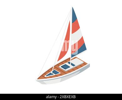 Isometrisches Boot mit rot gestreiftem Segel einfache Design Vektor Illustration isoliert auf weißem Hintergrund Stock Vektor