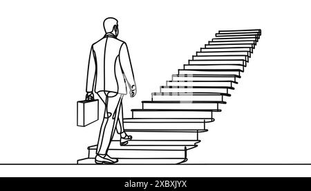 Durchgehende einzeilige Zeichnung. Erreiche das Ziel. Geschäftsmann klettert die Treppe zum Ziel. Konzeptgeschäft. Stock Vektor