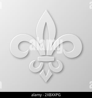 Vector Realistic Paper 3D Fleur De Lis Nahaufnahme auf weißem Hintergrund. Heraldisches Lily-Zeichen, Vektorbild Stock Vektor