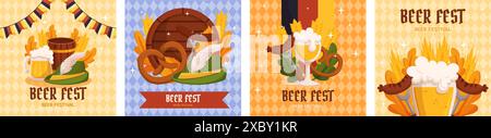 Bierfestival Square Social Media Post Collection Vorlage. Design mit Glas Bier, Weizen und Blättern, Bannerband und anderen festlichen Objekten auf li Stock Vektor
