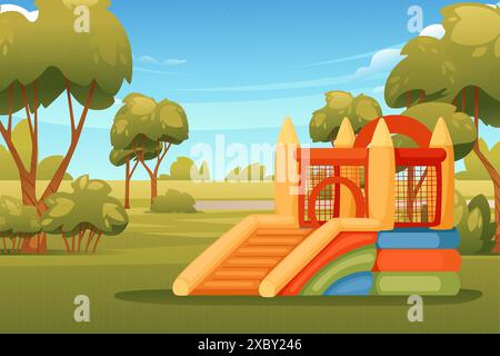 Spielplatz Park für Kinder mit aufblasbarer Hüpfburg Vektor-Illustration mit Stadtparklandschaft Stock Vektor