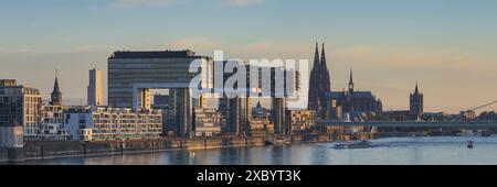 Panorama von der Südbrücke, Rheinauer Hafen mit Kranhäusern, Dom und Severinsbrücke, Köln, Nordrhein-Westfalen, Deutschland Stockfoto