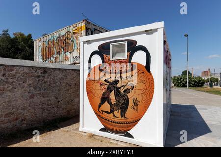 Griechische Amphore mit Szenen aus der griechischen Mythologie, kämpfender Herakles, Graffiti auf Baucontainer gemalt, Kerameikos Viertel, Athen, Griechenland Stockfoto