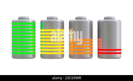 Symbole für 3D-Akkuladestandsanzeige. Symbole Ladestufen der Batteriegruppe. 3D-Abbildung Stockfoto