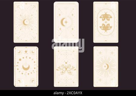 Tarot Reverce Grenze Magie heilige Cover Karte Rahmen Goldlinie Grenze Celelstial Mystery esoterische Dekoration mit Mottensternen und Mond auf dunklem Hintergrund. Vektorabbildung Stock Vektor