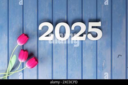 Neujahr 2025 Kreatives Design-Konzept mit Blume – 3D-gerendertes Bild Stockfoto