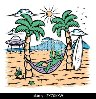 Alien chillen am Strand Illustration Stock Vektor