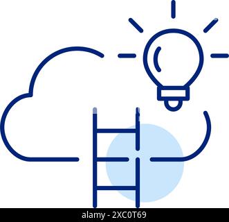 Wolke und Leiter mit Glühbirne. Kreative Innovationen in der Technologie erleichtern das berufliche Wachstum. Pixelperfektes, bearbeitbares Konturvektorsymbol Stock Vektor