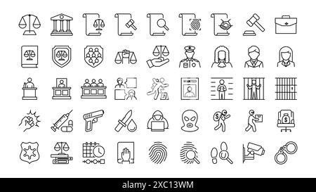 Liniensymbole für Recht und Gerechtigkeit festgelegt. Einschließlich Gericht, Inspektor, Anwalt, Schuldig, Festnahme, und vieles mehr. Stock Vektor