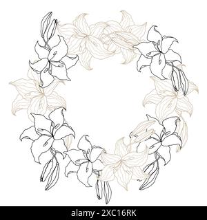 Lillie Flower Circle Line Kunstkranz für Hochzeitskarten oder Einladungen. Vorlage für handgezeichnete Vektor-Illustration Stock Vektor