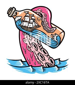 Segelschiff in Flaschenangriff und Riesenkraken Stock Vektor