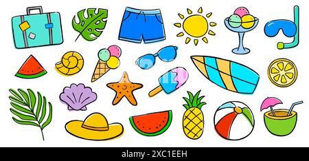 Sommer-Icon-Doodle-Set auf weißem Hintergrund. Handgezeichnete Symbole und Objekte im Sommer. Stock Vektor