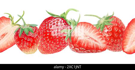 Nahtloser Rand aus roter Erdbeere. In die Hälfte schneiden und ganze Beeren. Handgezeichnetes Aquarell-Ornament. Köstliche Esskunst, frische botanische, realistische Malerei Stockfoto