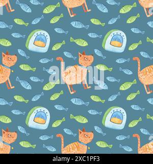 Nahtloses kindliches Muster von Aquarellkatzen auf blauem Hintergrund. Katze mit Spielzeug Fisch. Wir zeichnen Tiere mit Aquarellen. Handabbildung. Lackiert Stockfoto