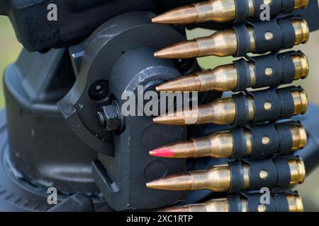 Munition für mag 58, genannt 7,62 mm, Kugel für Maschinengewehr Stockfoto