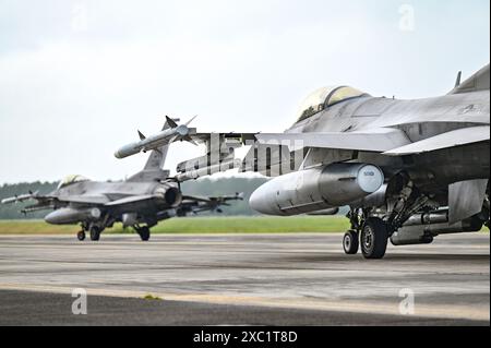 Zwei F-16C Kampffalken der US Air Force, die der 77th Fighter Squadron von der Shaw Air Force Base, S.C. zugewiesen wurden, Taxi während der Übung Iron Hand 24-03 A Stockfoto