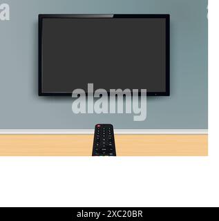 Online-Fernsehen mit Fernbedienung. Die Fernbedienung ist auf den Fernseher an der Wand gerichtet. Vektorabbildung. Stock Vektor
