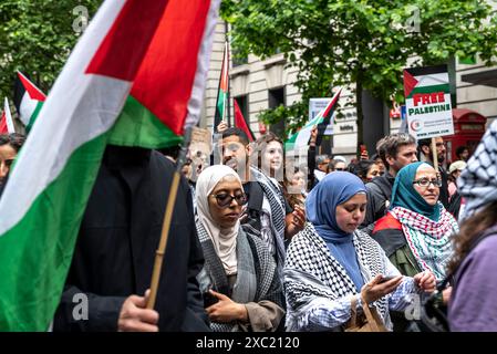 Demonstranten auf Kingsway, propalästinensische Proteste in Zentral-London am 08.06.2024, London, England, Vereinigtes Königreich Stockfoto