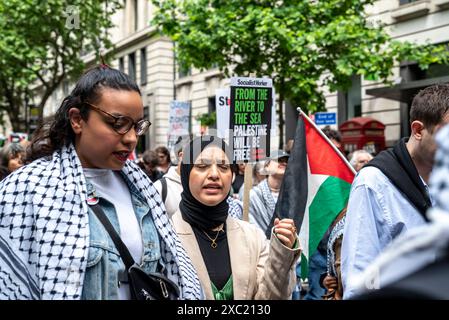 Demonstranten auf Kingsway, propalästinensische Proteste in Zentral-London am 08.06.2024, London, England, Vereinigtes Königreich Stockfoto