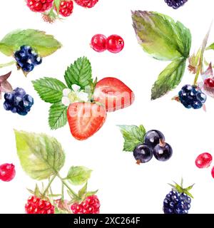 Das Design hat ein nahtloses Muster mit Erdbeeren, Johannisbeeren, Himbeeren und brombeeren Stockfoto