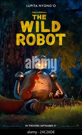 The Wild Robot (2024) von Chris Sanders mit Pedro Pascal, Stephanie Hsu und Lupita Nyong'o. in den Hauptrollen Nach einem Schiffswrack ist ein intelligenter Roboter namens Roz auf einer unbewohnten Insel gestrandet. Um die raue Umgebung zu überleben, verbindet sich Roz mit den Tieren der Insel und kümmert sich um eine verwaiste Gans. US-Poster mit einem Blatt ***NUR FÜR REDAKTIONELLE ZWECKE***. Quelle: BFA / Universal Pictures Stockfoto