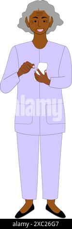 Eine schwarze Seniorin mit einem Handy, weißem Hintergrund. Stock Vektor