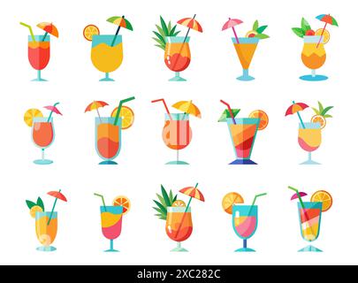 Set mit erfrischenden tropischen Cocktails isoliert auf weißem Hintergrund. Lebendige Fruchtsäfte. Sommergetränke, exotische Getränke, Freizeit. Design e Stock Vektor