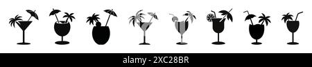 Schwarze Silhouetten tropischer Cocktails. Ikonen von Stranddrinks. Isoliert auf weißem Hintergrund. Druck, Logo, Piktogramm, Designelemente. Konzept Stock Vektor