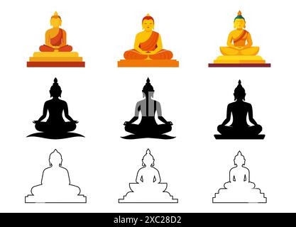 Eine Gruppe von Buddhas, die über die Lotusposition meditieren. Symbol des Buddhismus. Goldene Buddha-Statuen, schwarze Silhouetten, Umrisse. Isoliert auf weißem Hintergrund. Konz Stock Vektor