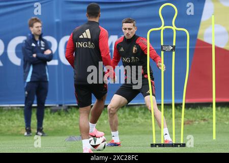 Freiberg, Deutschland. Juni 2024. Der belgische Timothy Castagne wurde während eines Trainings der belgischen Fußballnationalmannschaft Red Devils am Freitag, den 14. Juni 2024, in ihrem Basislager in Freiberg am Neckar in Vorbereitung auf die Fußball-Europameisterschaft 2024 gezeigt. Die Red Devils spielen in der Gruppe F bei der Europameisterschaft 2024 in Deutschland. BELGA FOTO BRUNO FAHY Credit: Belga News Agency/Alamy Live News Stockfoto