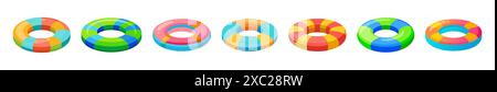 Satz von hellen aufblasbaren Schwimmringen isoliert auf weißem Hintergrund. Farbenfrohe Schwimmringe zum Schwimmen im Sommer. Konzept von Sommer, Pool Spaß, Urlaub, Wat Stock Vektor