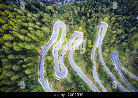 Blick von oben auf die gewundene Straße des Maloja-Passes und Wälder, Schweiz Stockfoto