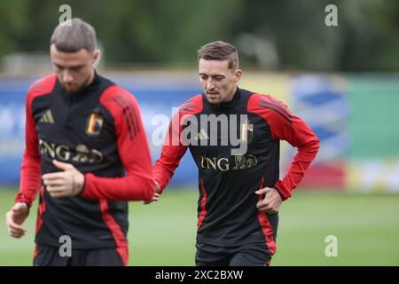 Freiberg, Deutschland. Juni 2024. Der belgische Timothy Castagne wurde während eines Trainings der belgischen Fußballnationalmannschaft Red Devils am Freitag, den 14. Juni 2024, in ihrem Basislager in Freiberg am Neckar in Vorbereitung auf die Fußball-Europameisterschaft 2024 gezeigt. Die Red Devils spielen in der Gruppe F bei der Europameisterschaft 2024 in Deutschland. BELGA FOTO BRUNO FAHY Credit: Belga News Agency/Alamy Live News Stockfoto