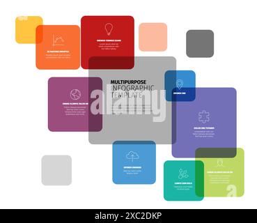 Vielseitige Infografikvorlage mit Symbolen und Beispieltexten in bunten abgerundeten quadratischen Elementen. Einfache Infografik für verschiedene Zwecke Stock Vektor
