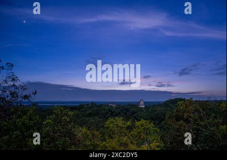 Blick auf die Ruinen von Tikal in Guatemala bei Sonnenaufgang mit Sternen Stockfoto