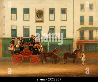 Der London-Manchester Stage Coach, „The Peveril of the Peak“ vor dem Peacock Inn in Islington. James Pollard. 1835. Stockfoto