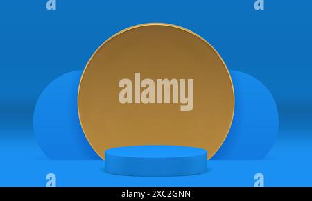 Luxuriöser blauer 3D Showroom Zylinder Podium Sockel mit rundem Wandhintergrund realistische Vektorillustration. Trendige elegante Schaufenster mit geometrischen Formen Stock Vektor