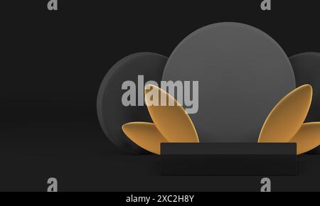 3D schwarzes Luxuspodium mit goldenen Blättern für Produktpräsentation realistische Vektorillustration. Dunkler quadratischer Sockel mit runder Hinterwand Stock Vektor