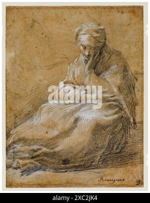 Girolamo Francesco Maria Mazzola nannte Parmigianino, Frau sitzend auf dem Boden, Kreidezeichnung mit weißer Körperfarbe, 1523-1524 Stockfoto