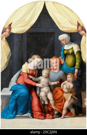 Benvenuto Tisi nannte Il Garofalo Gemälde, Heilige Familie mit dem Kleinkind des Heiligen Johannes und der Heiligen Elisabeth, Öl auf Platte, um 1520 Stockfoto