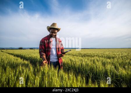 Junger Landwirt, der ein digitales Tablet benutzt, während er auf seinem wachsenden Weizenfeld steht. Stockfoto