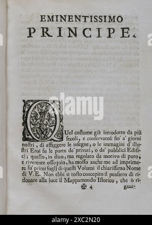 "Mappamondo Istorico". Geordnete Erzählung der vier höchsten Reiche der Welt, von Nino, dem ersten Kaiser der Assyrer, über den österreichischen Leopold und die Monarchie Christi. Eminentissimo Principe (Der Bedeutendste Prinz). Von Pater Antonio Foresti (1625–1692), von der Gesellschaft Jesu. Band I. Parma, 1711. Stockfoto