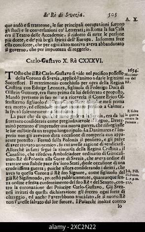 "Mappamondo Istorico". Band V. Teil II. Leben der Könige von Schweden, vom Beginn der Monarchie bis 1702. Kapitel IV. Betreffend Karl X. Gustav (1622-1660), König von Schweden (1654-1660). Von Pater Antonio Foresti (1625–1692), von der Gesellschaft Jesu. Parma, 1709. Stockfoto